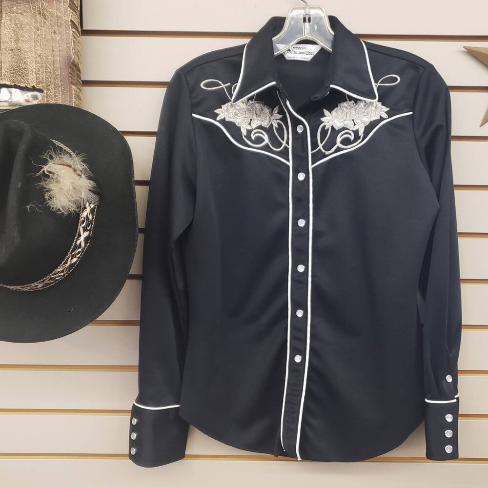Vintage 1970'S Western Ladies pearl Snap silver black shirt Mwg Miss Joni West